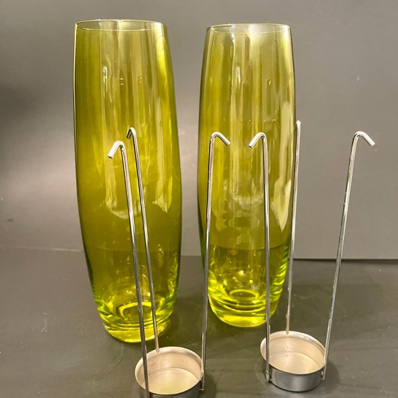 2 Yellow Glass Votive/Vases with Metal Candle Holders - 9" Tall - Picture 2 of 8